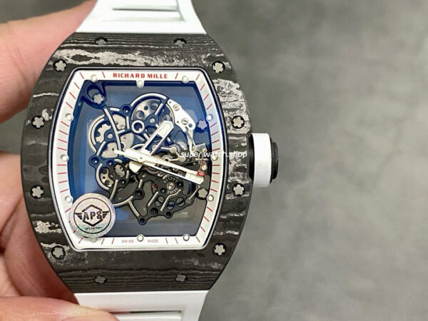 APS Factory Richard Mille RM 055 42.7mm Carbon Fiber Rubber Strap Skeletonized Red Subtitles On White Background Dial