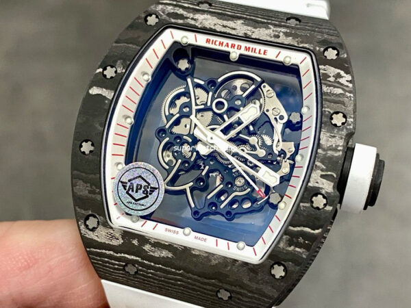 APS Factory Richard Mille RM 055 42.7mm Carbon Fiber Rubber Strap Skeletonized Red Subtitles On White Background Dial - Image 3