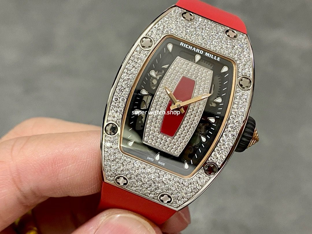 BBA Factory Richard Mille RM07 31.4mm Diamond&White Gold Red Rubber Strap Skeletonized Black Dial - Image 3