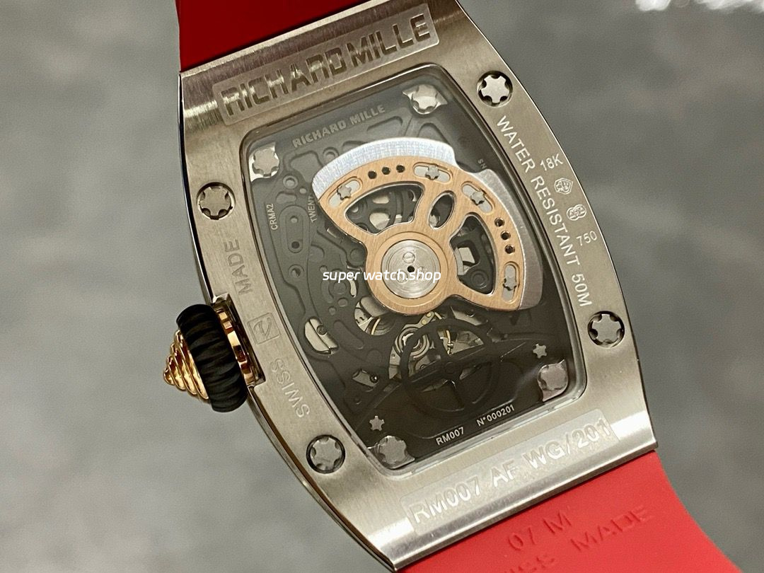 BBA Factory Richard Mille RM07 31.4mm Diamond&White Gold Red Rubber Strap Skeletonized Black Dial - Image 7