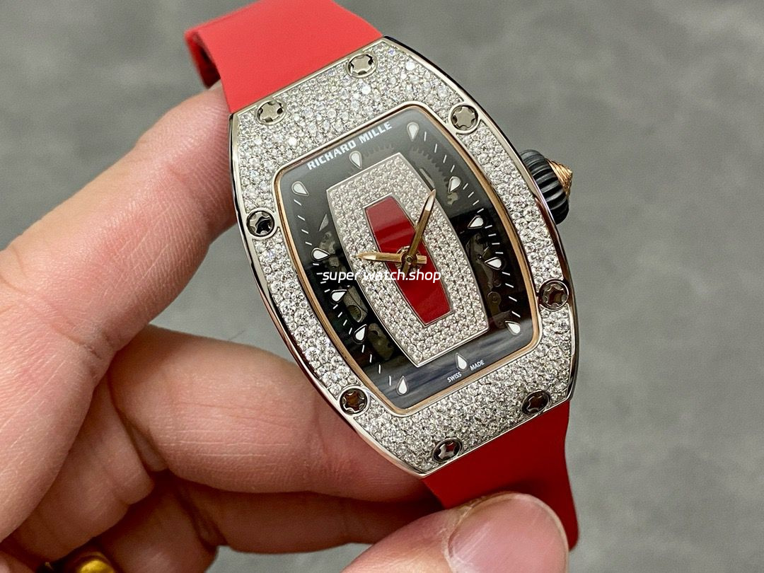 BBA Factory Richard Mille RM07 31.4mm Diamond&White Gold Red Rubber Strap Skeletonized Black Dial - Image 2