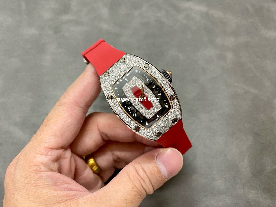BBA Factory Richard Mille RM07 31.4mm Diamond&White Gold Red Rubber Strap Skeletonized Black Dial - Image 4