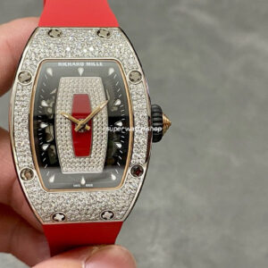 BBA Factory Richard Mille RM07 31.4mm Diamond&White Gold Red Rubber Strap Skeletonized Black Dial