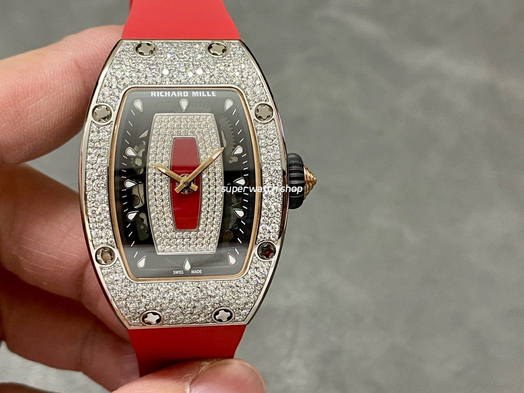 BBA Factory Richard Mille RM07 31.4mm Diamond&White Gold Red Rubber Strap Skeletonized Black Dial