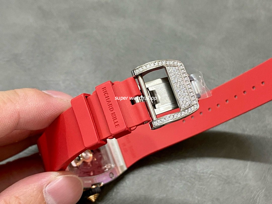 BBA Factory Richard Mille RM07 31.4mm Diamond&White Gold Red Rubber Strap Skeletonized Black Dial - Image 8