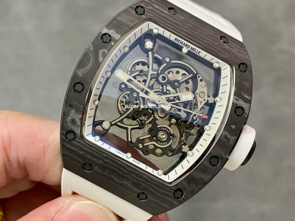 BBR Factory Richard Mille 43mm RM055 Black Carbon Fiber White Rubber Strap White Skeletonized Dial - Image 3