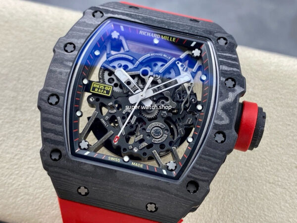 BBR Factory Richard Mille 44.5mm RM35-02 Black Carbon Fiber Red Rubber Strap Black Skeletonized - Image 3