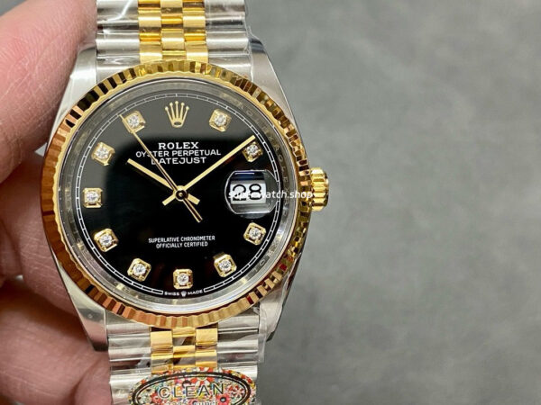 Clean Factory Rolex Datejust 126233-0021 36mm Half Gold Diamond Black Dial