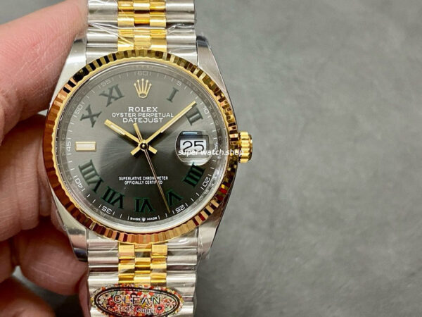 Clean Factory Rolex Datejust 126233-0035 36mm Half Gold Roman Numerals Wimbledon Grey Dial Jubilee