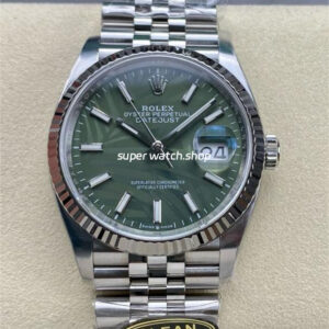Clean Factory Rolex Datejust 126234-0047 36mm Full 904L Olive Green Palm Motif Dial Jubilee