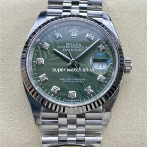 Clean Factory Rolex Datejust 126234-0055 36mm Full 904L Diamond Olive Green Palm Motif Dial Jubilee