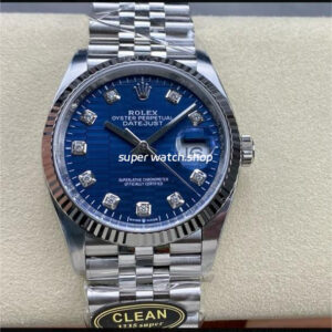 Clean Factory Rolex Datejust 126234-0057 36mm Full 904L Diamond Fluted Motif Blue Dial Jubilee