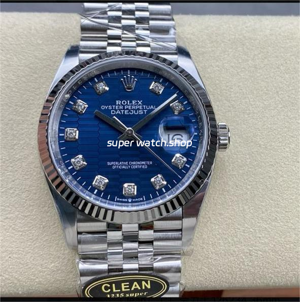 Clean Factory Rolex Datejust 126234-0057 36mm Full 904L Diamond Fluted Motif Blue Dial Jubilee