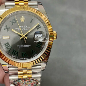 Clean Factory Rolex Datejust 126333-0020 41mm Half Gold Roman Numerals Wimbledon Grey Dial Jubilee