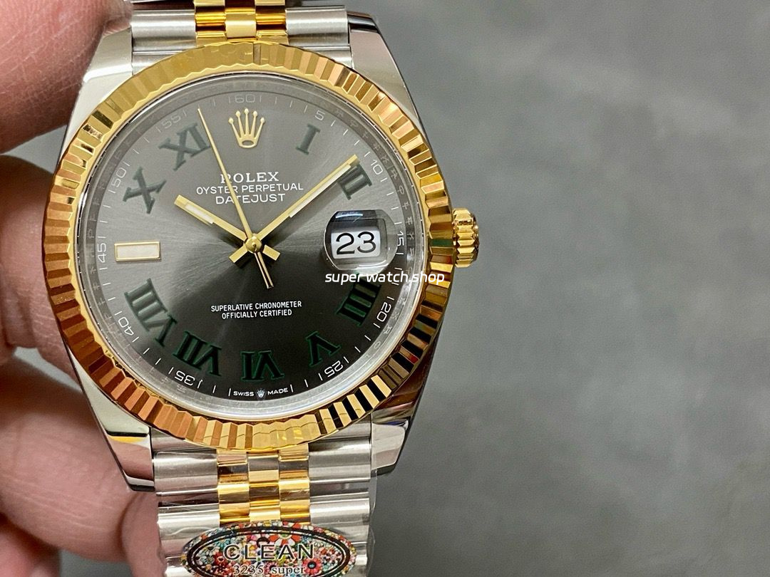 Clean Factory Rolex Datejust 126333-0020 41mm Half Gold Roman Numerals Wimbledon Grey Dial Jubilee
