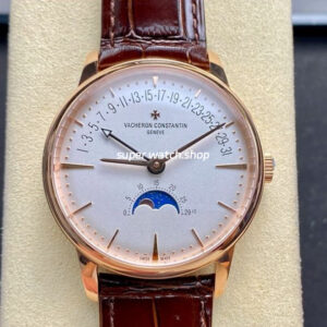 GR Factory Vacheron Constantin Moonphase Retrograde Date Overseas 41mm Rose Gold Leather Strap White Dial