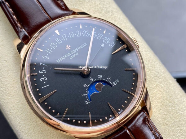 GR Factory Vacheron Constantin Moonphase Retrograde Date Overseas 41mm Rose Gold Leather Strap Black Dial - Image 2