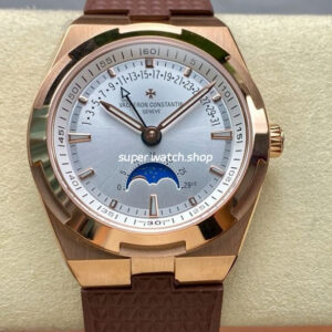 GR Factory Vacheron Constantin Moonphase Retrograde Date Overseas 41mm Rose Gold Rubber Strap Silver Dial