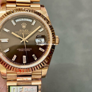 QF Factory Counterweight Rolex Day-Date 228235-0003 40mm Full Rose Gold Baguette Diamond Brown Dial