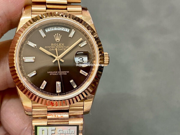 QF Factory Counterweight Rolex Day-Date 228235-0003 40mm Full Rose Gold Baguette Diamond Brown Dial