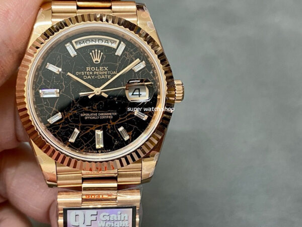 QF Factory Counterweight Rolex Day-Date 228235-0045 40mm Full Rose Gold Baguette Diamond Black Dial