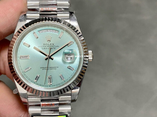 QF Factory Counterweight Rolex Day-Date 228236-0006 40mm Full Platinum Baguette Diamond Blue Dial