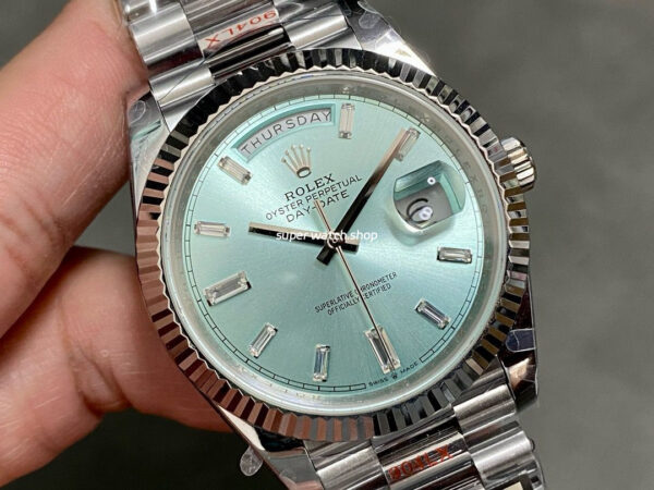 QF Factory Counterweight Rolex Day-Date 228236-0006 40mm Full Platinum Baguette Diamond Blue Dial - Image 2