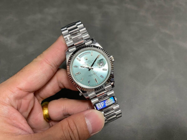 QF Factory Counterweight Rolex Day-Date 228236-0006 40mm Full Platinum Baguette Diamond Blue Dial - Image 4