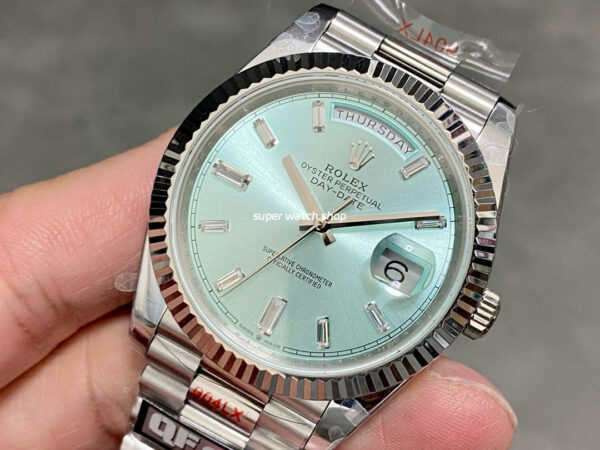 QF Factory Counterweight Rolex Day-Date 228236-0006 40mm Full Platinum Baguette Diamond Blue Dial - Image 3