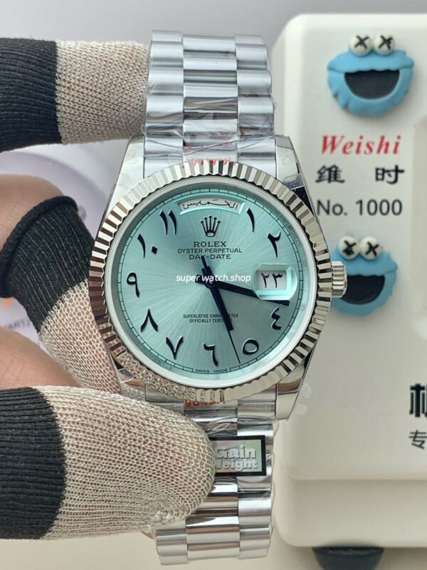 QF Factory Counterweight Rolex Day-Date 228236 40mm Full Platinum Arabic Numerals Ice Blue Dial