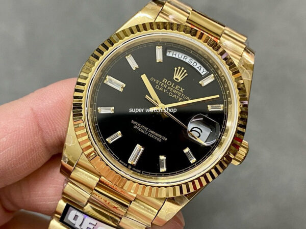 QF Factory Counterweight Rolex Day-Date 228238-0004 40mm Full Yellow Gold Baguette Diamond Black Dial - Image 3