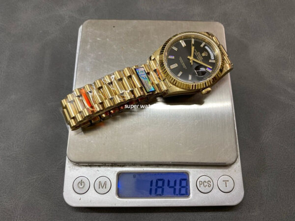 QF Factory Counterweight Rolex Day-Date 228238-0004 40mm Full Yellow Gold Baguette Diamond Black Dial - Image 9