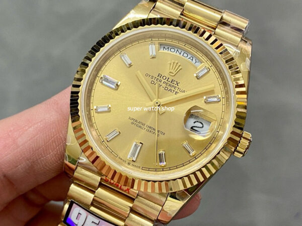QF Factory Counterweight Rolex Day-Date 228238-0005 40mm Full Yellow Gold Baguette Diamond Champagne Dial - Image 3