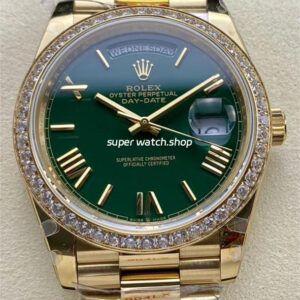 QF Factory Counterweight Rolex Day-Date 228348RBR-0045 40mm Diamond Bezel Full Yellow Gold Roman Number Green Dial