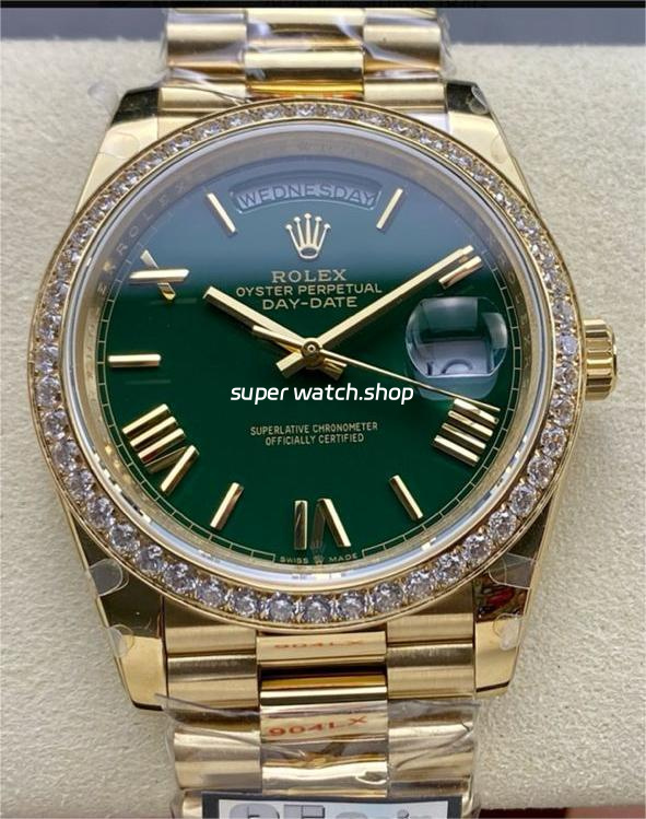 QF Factory Counterweight Rolex Day-Date 228348RBR-0045 40mm Diamond Bezel Full Yellow Gold Roman Number Green Dial