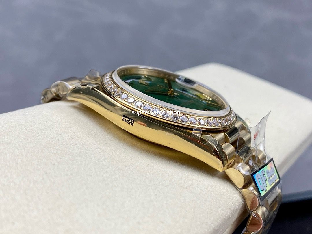 QF Factory Counterweight Rolex Day-Date 228348RBR-0045 40mm Diamond Bezel Full Yellow Gold Roman Number Green Dial - Image 5