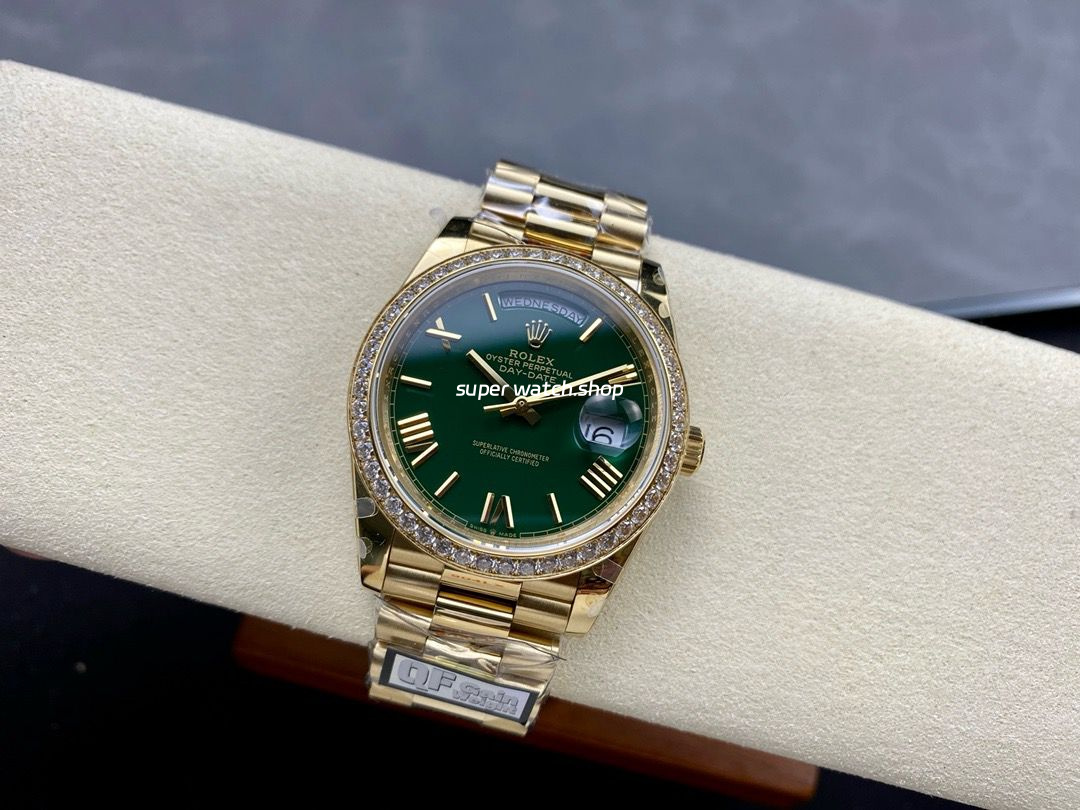 QF Factory Counterweight Rolex Day-Date 228348RBR-0045 40mm Diamond Bezel Full Yellow Gold Roman Number Green Dial - Image 4
