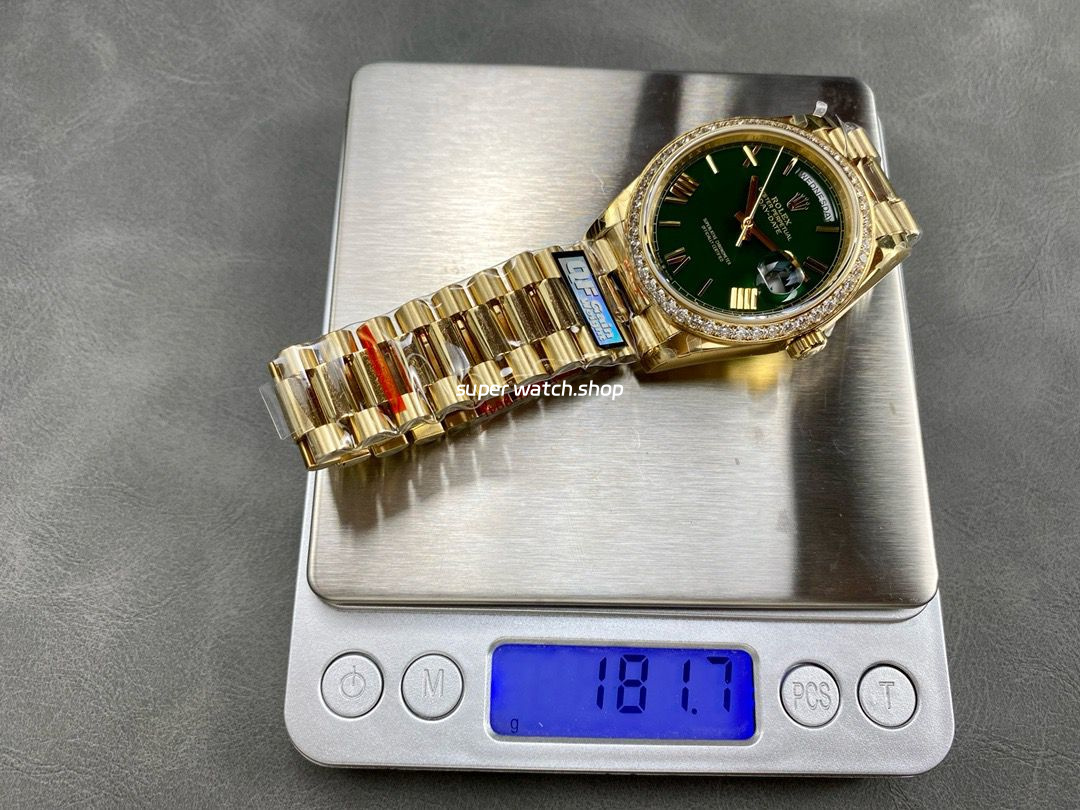 QF Factory Counterweight Rolex Day-Date 228348RBR-0045 40mm Diamond Bezel Full Yellow Gold Roman Number Green Dial - Image 9