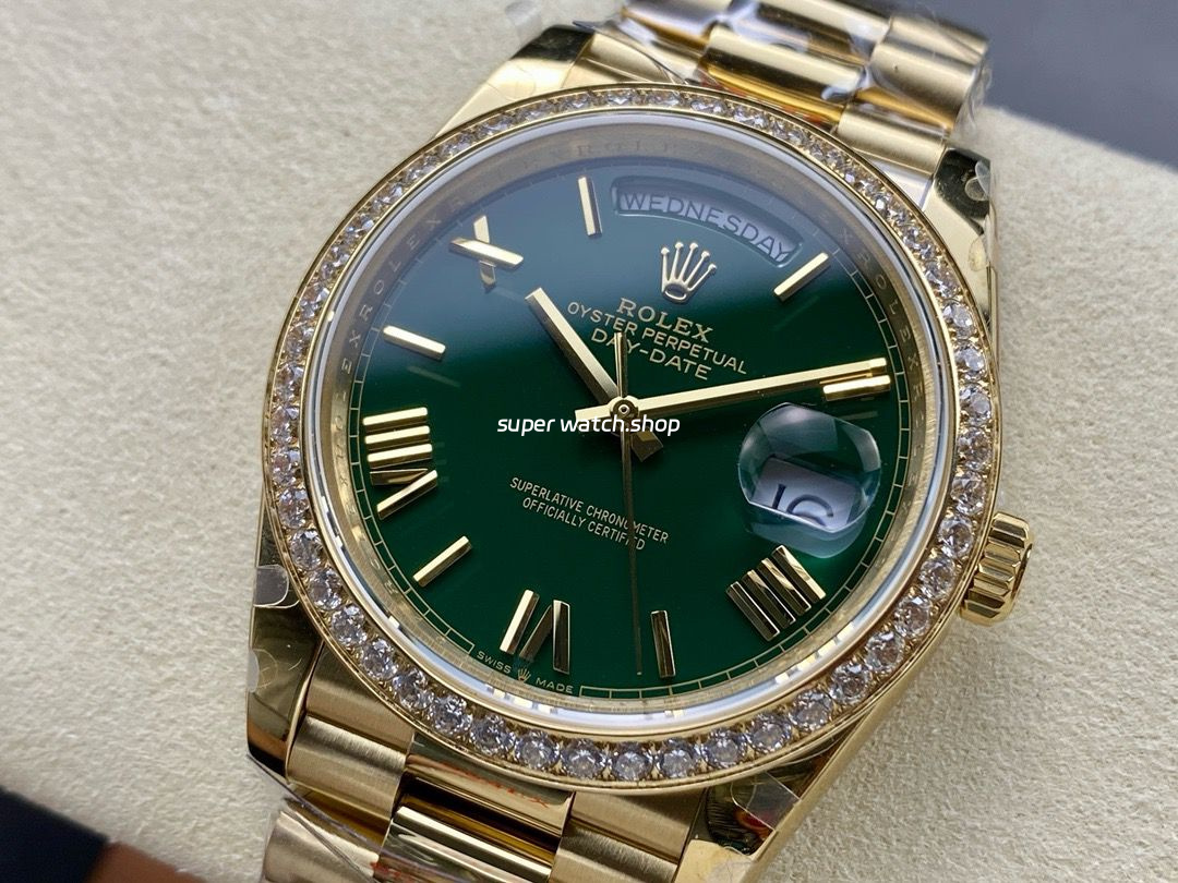 QF Factory Counterweight Rolex Day-Date 228348RBR-0045 40mm Diamond Bezel Full Yellow Gold Roman Number Green Dial - Image 3