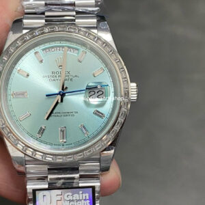 QF Factory Counterweight Rolex Day-Date 228396TBR-0002 40mm Full Platinum Baguette Diamond Blue Dial