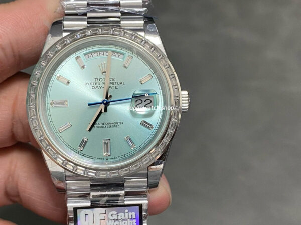 QF Factory Counterweight Rolex Day-Date 228396TBR-0002 40mm Full Platinum Baguette Diamond Blue Dial