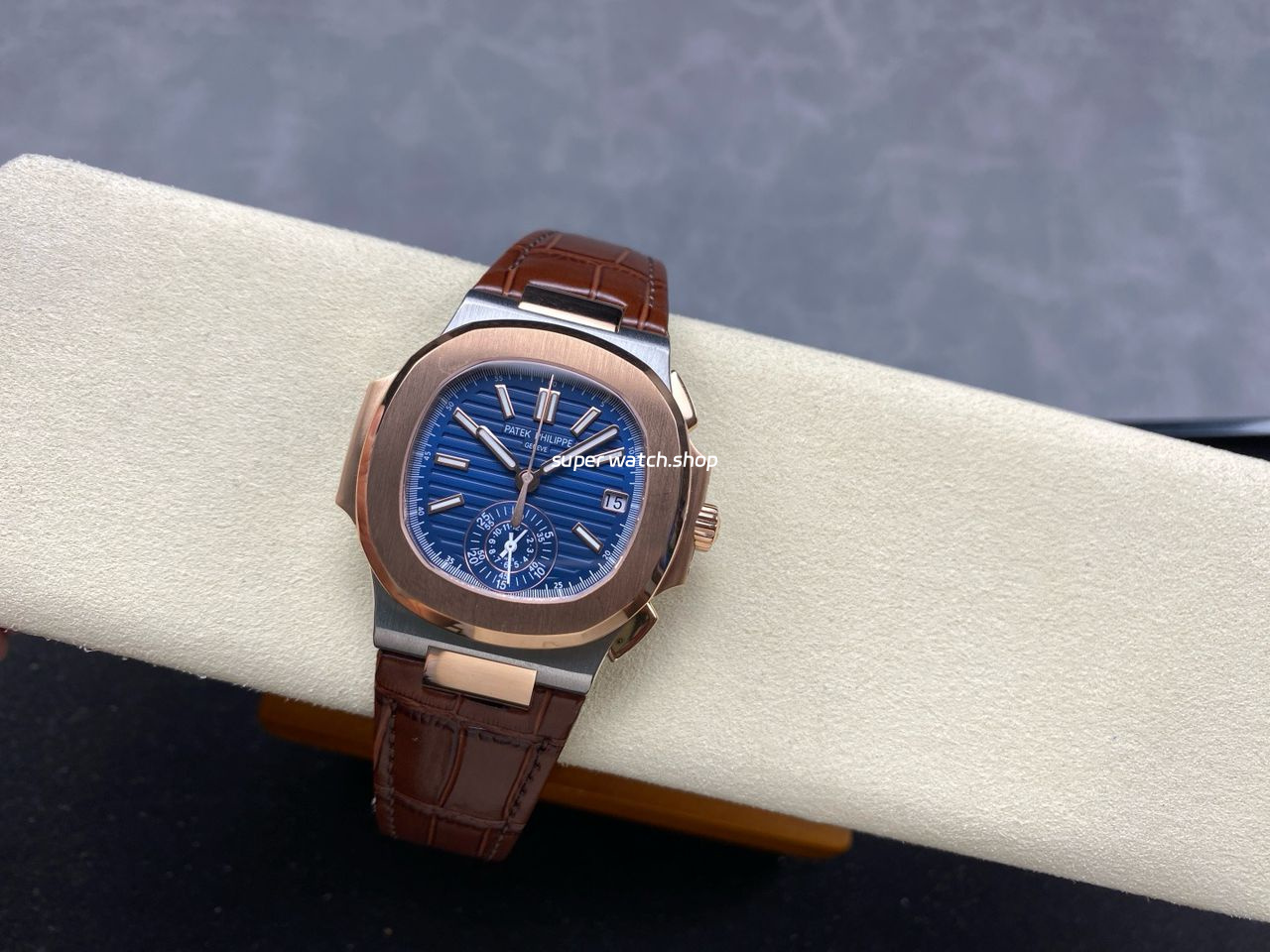 3K Factory Patek Philippe Nautilus 59801AR-0001 Leather Strap Half Rose Gold Blue Dial - Image 3