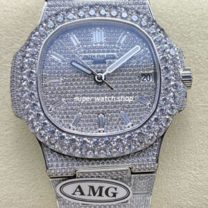 AMG Factory Patek Philippe Nautilus PP5711 40mm Diamond Bezel White Gold Diamond Baguette Diamond Silver Dial