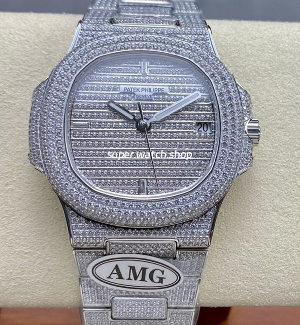 AMG Factory Patek Philippe Nautilus PP5711 40mm Small Diamond Bezel White Gold Diamond Baguette Diamond Silver Dial