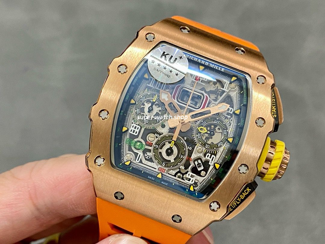 KU Factory Richard Mille RM11-03 44.5mm Rose Gold Orange Rubber Strap Skeletonized Dial - Image 3