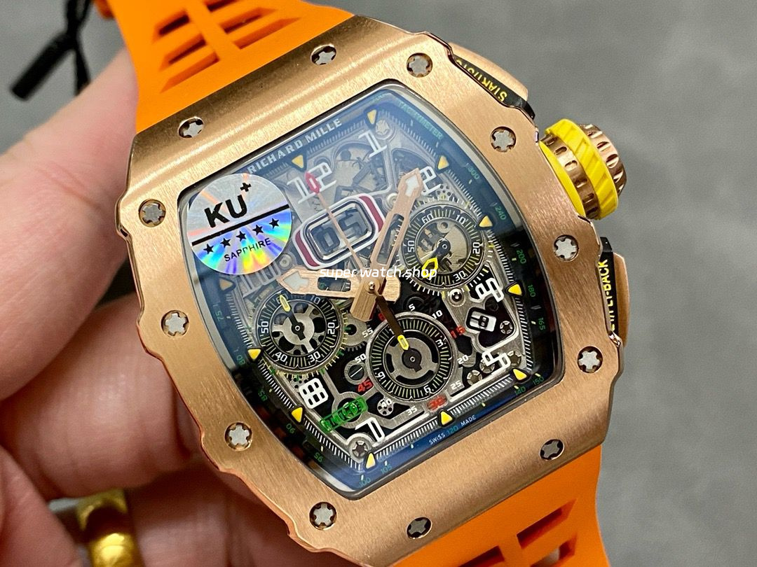 KU Factory Richard Mille RM11-03 44.5mm Rose Gold Orange Rubber Strap Skeletonized Dial - Image 2