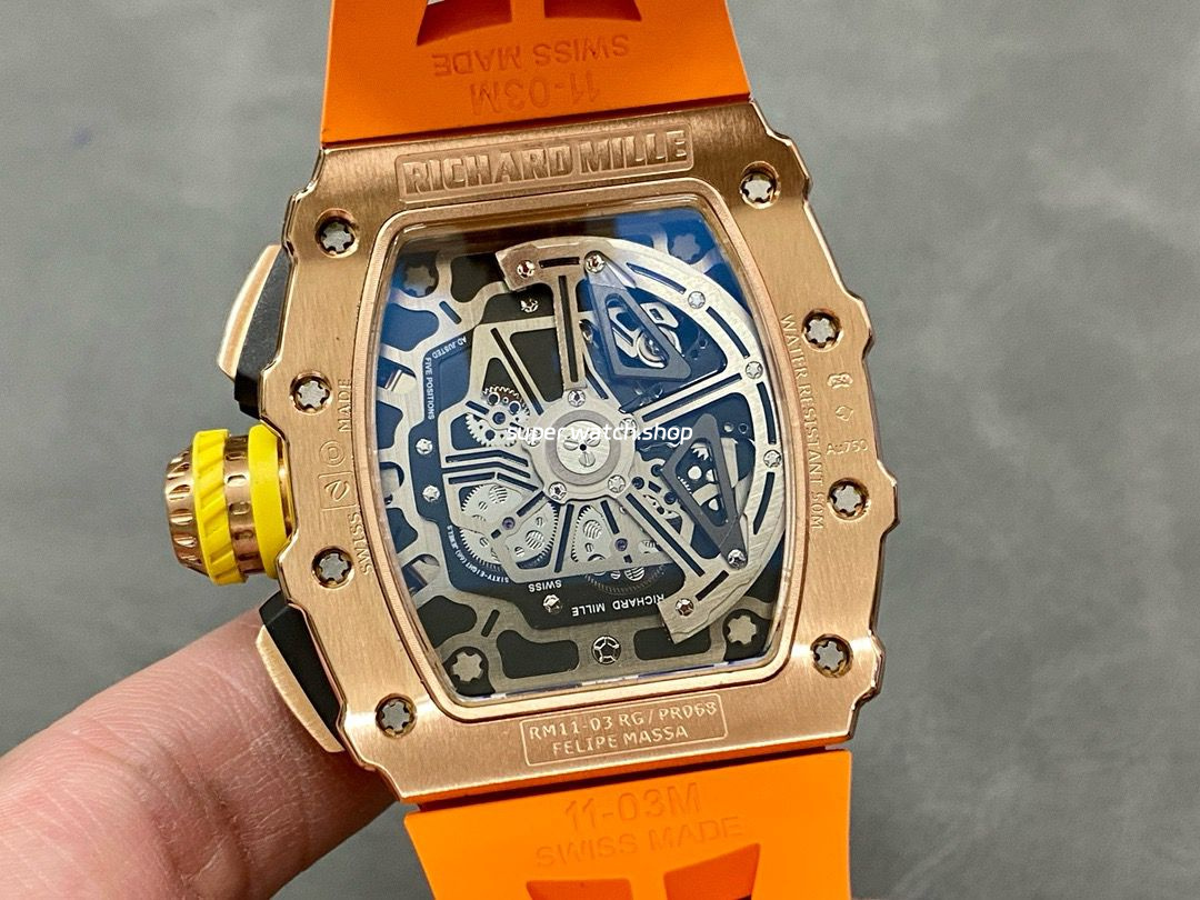 KU Factory Richard Mille RM11-03 44.5mm Rose Gold Orange Rubber Strap Skeletonized Dial - Image 7