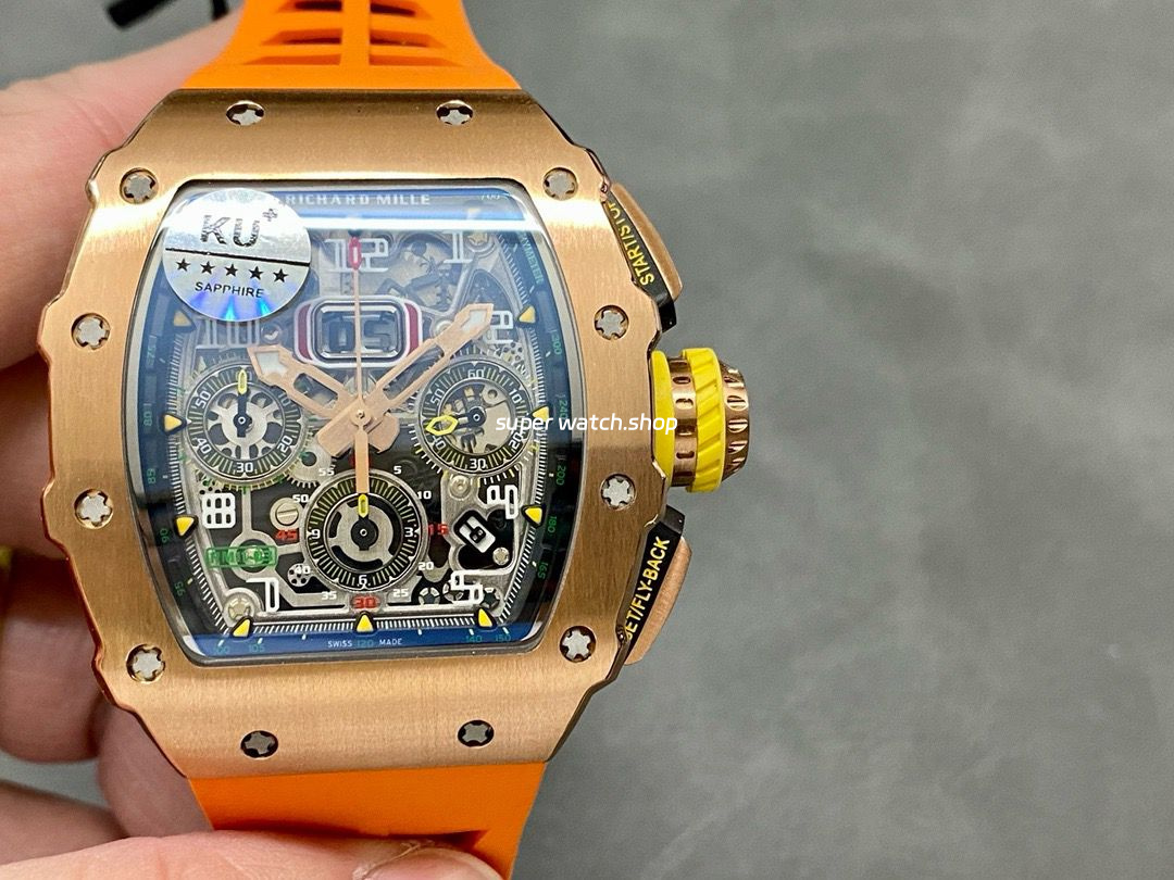 KU Factory Richard Mille RM11-03 44.5mm Rose Gold Orange Rubber Strap Skeletonized Dial