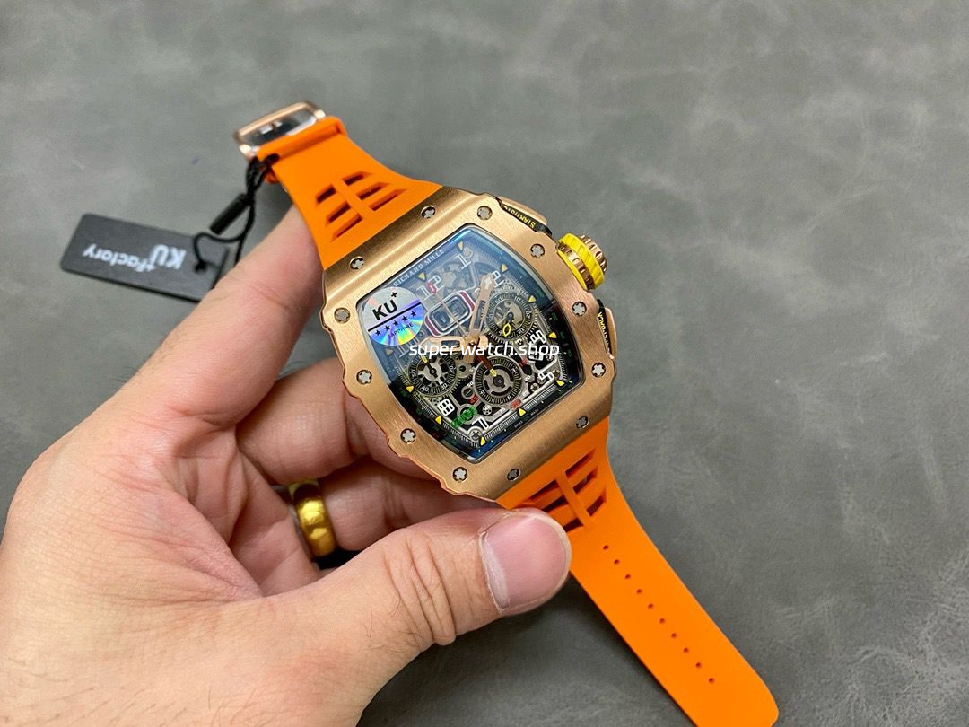 KU Factory Richard Mille RM11-03 44.5mm Rose Gold Orange Rubber Strap Skeletonized Dial - Image 4