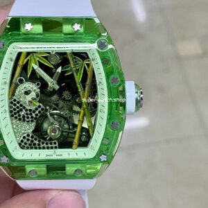 RM Factory Panda Eats Golden Bamboo Richard Mille RM26-01 44mm Green Crystal White Rubber Strap Panda Skeletonized White Dial
